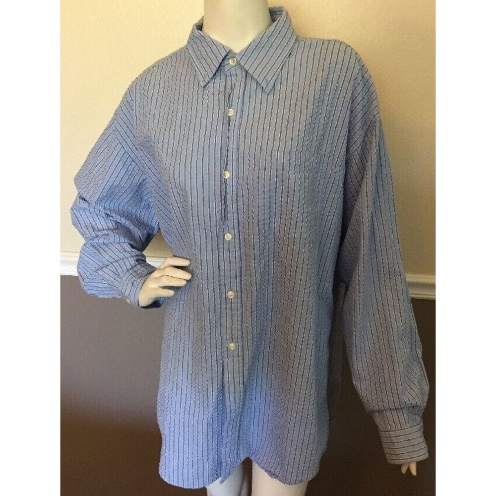 LL Bean Mens XL Long Sleeve Button Down Shirt Blue Wavy Textured Wrinkle Striped
